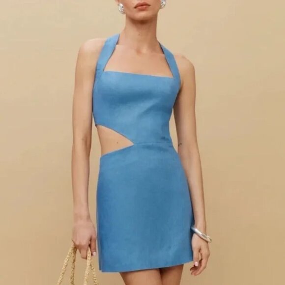 Reformation Valli Linen Halter Cut Out Mini Dress NWT Parisian Blue Size 8 - Picture 2 of 9